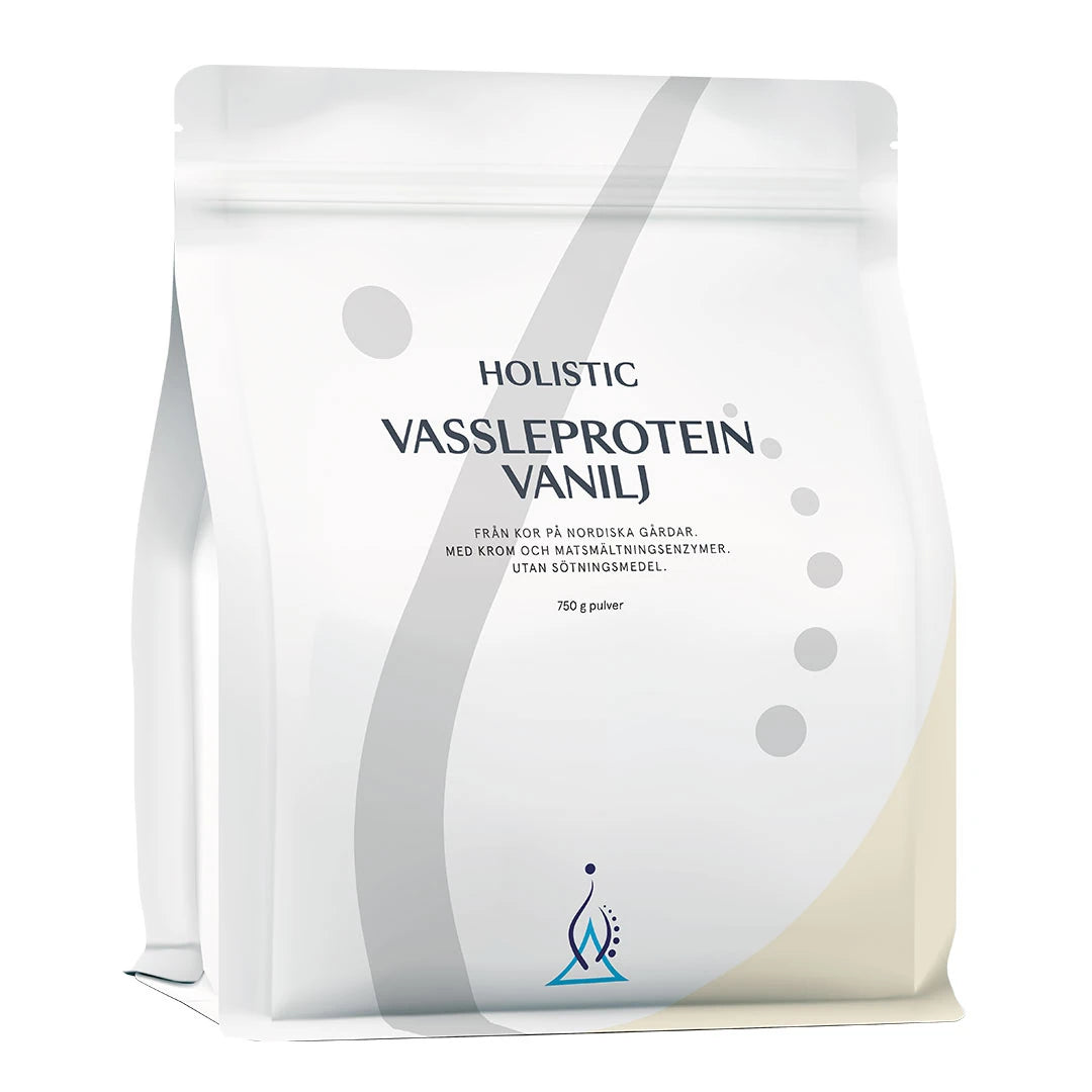 Holistic Vassleprotein 750 g proteinpulver i en vit påse med grå detaljer för smaken Vanilj., bild 1 av 4
