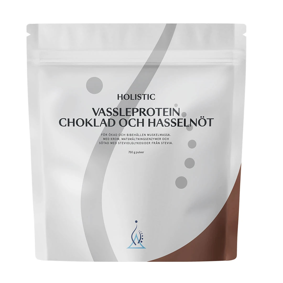 Holistic Vassleprotein 750 g proteinpulver i en vit påse med bruna detaljer för smaken Choklad Hasselnöt., bild 3 av 4