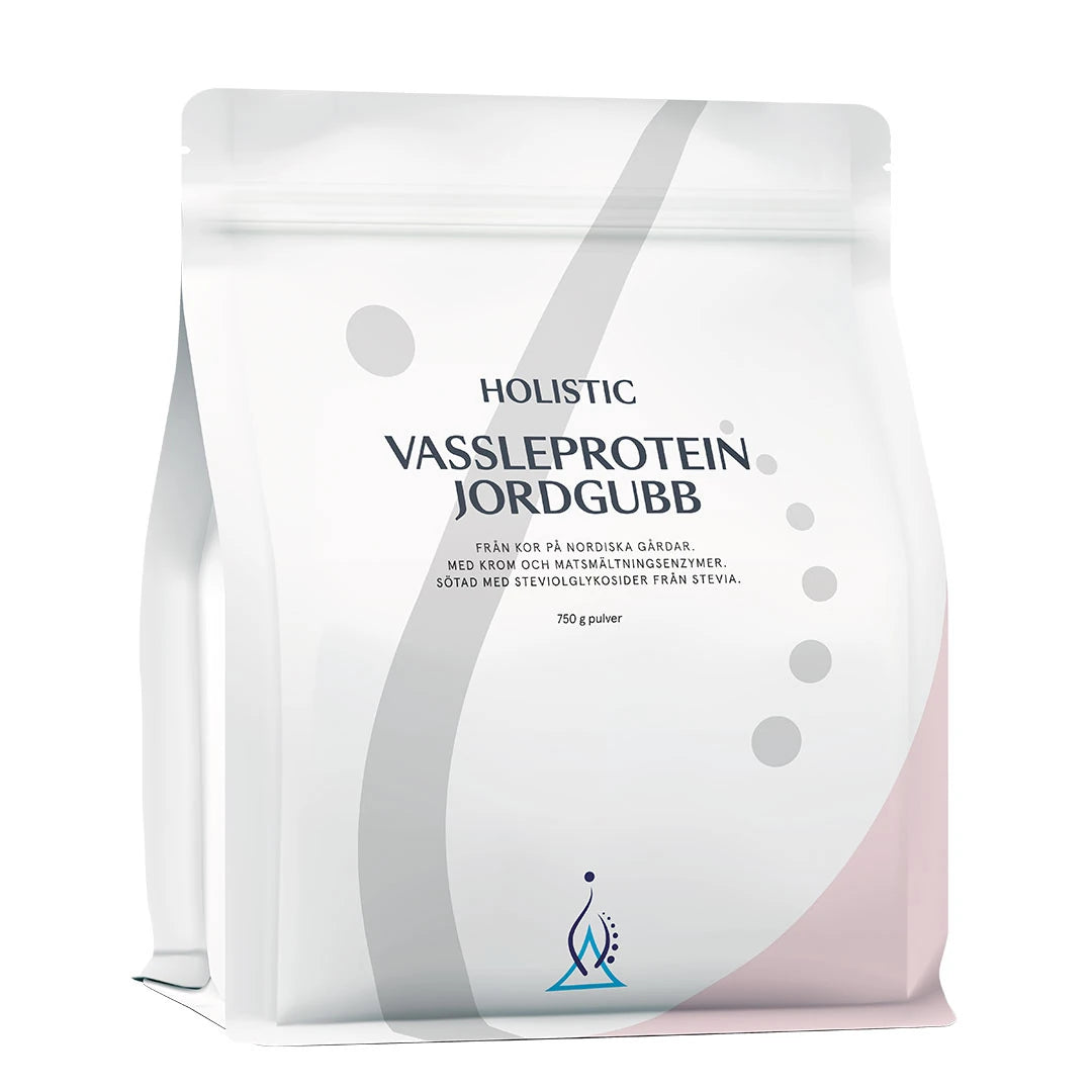 Holistic Vassleprotein 750 g proteinpulver i en vit påse med grå och rosa detaljer för smaken Jordgubb., bild 4 av 4