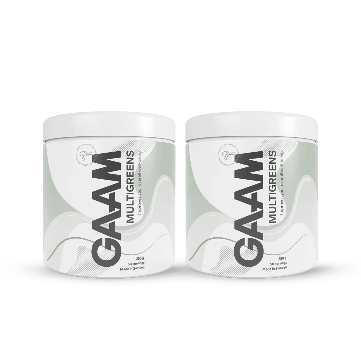 2 x GAAM Multigreens 250 g kosttillskott i två vita burkar med gråa och gröna detaljer., bild 1 av 1