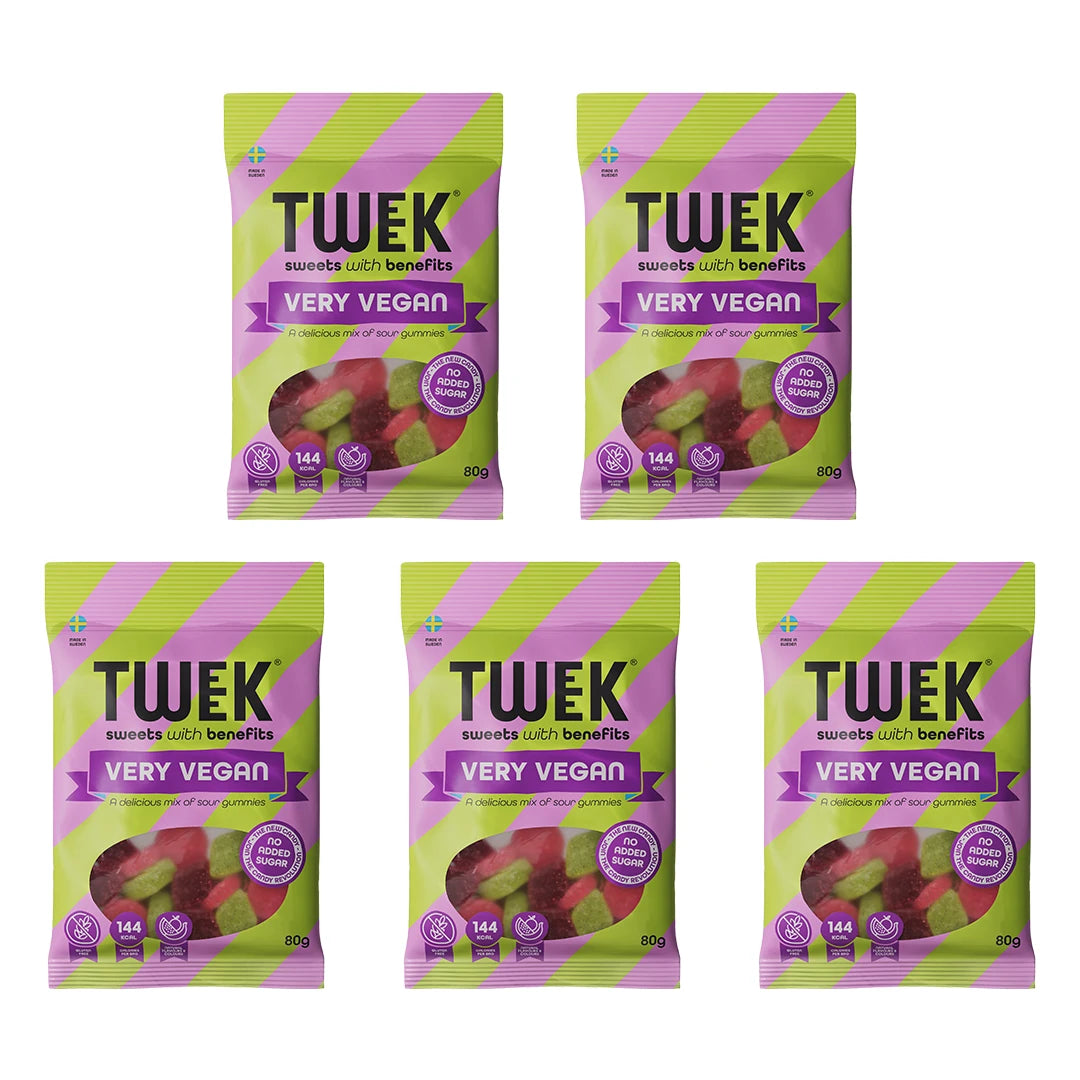 5 x Tweek Sweets 80 g Very Vegan i gröna och lila påsar med sura gelégodisar., bild 1 av 1