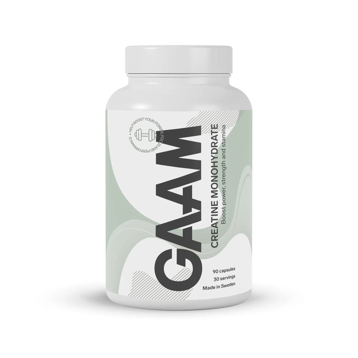 GAAM Creatine Monohydrate Kreatin 90 caps i en vit burk med ljusgröna detaljer på etiketten., bild 1 av 1