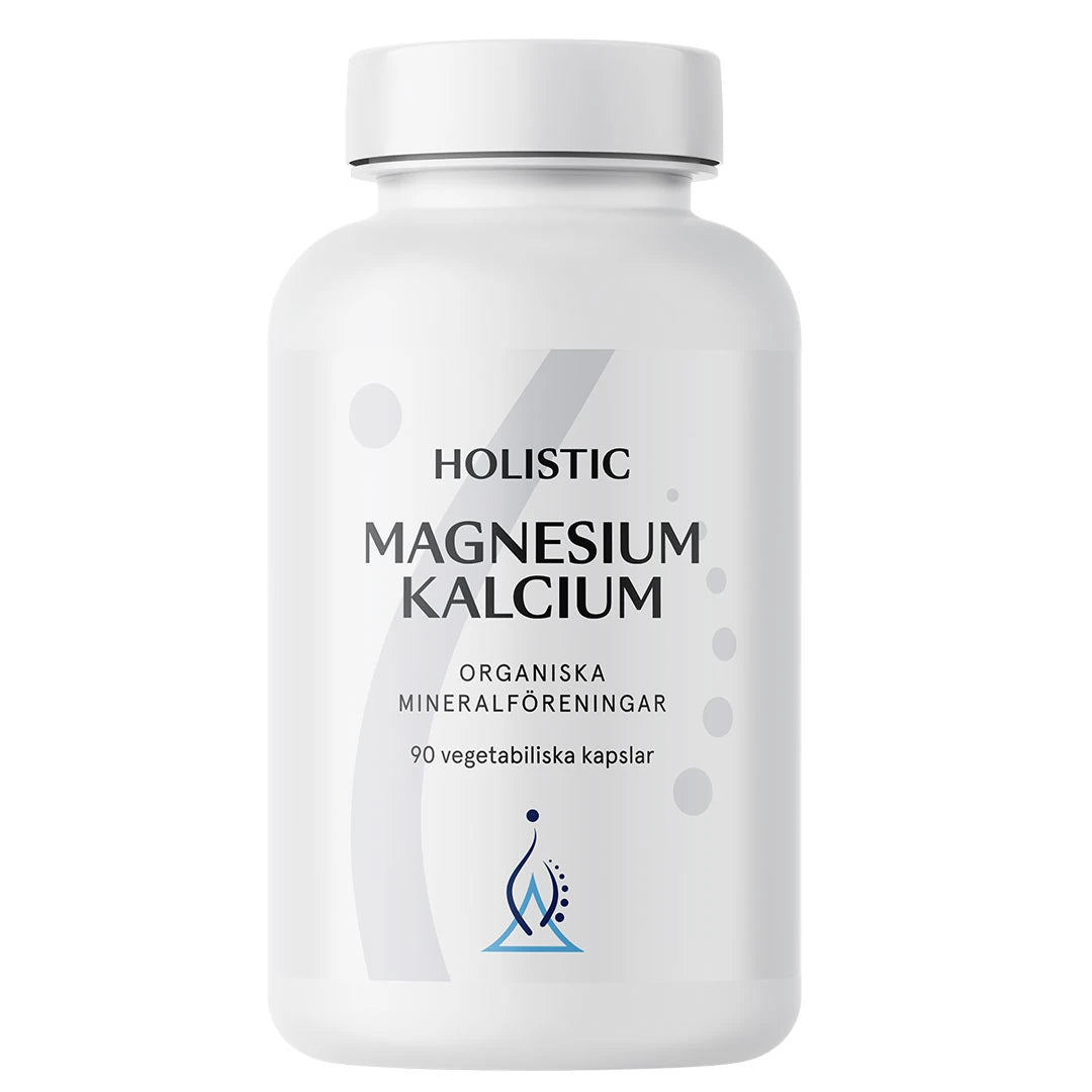 Holistic Magnesium/Kalcium 80/40 mg 90 caps kosttillskott i en stilren vit plastburk med grå detaljer., bild 1 av 1