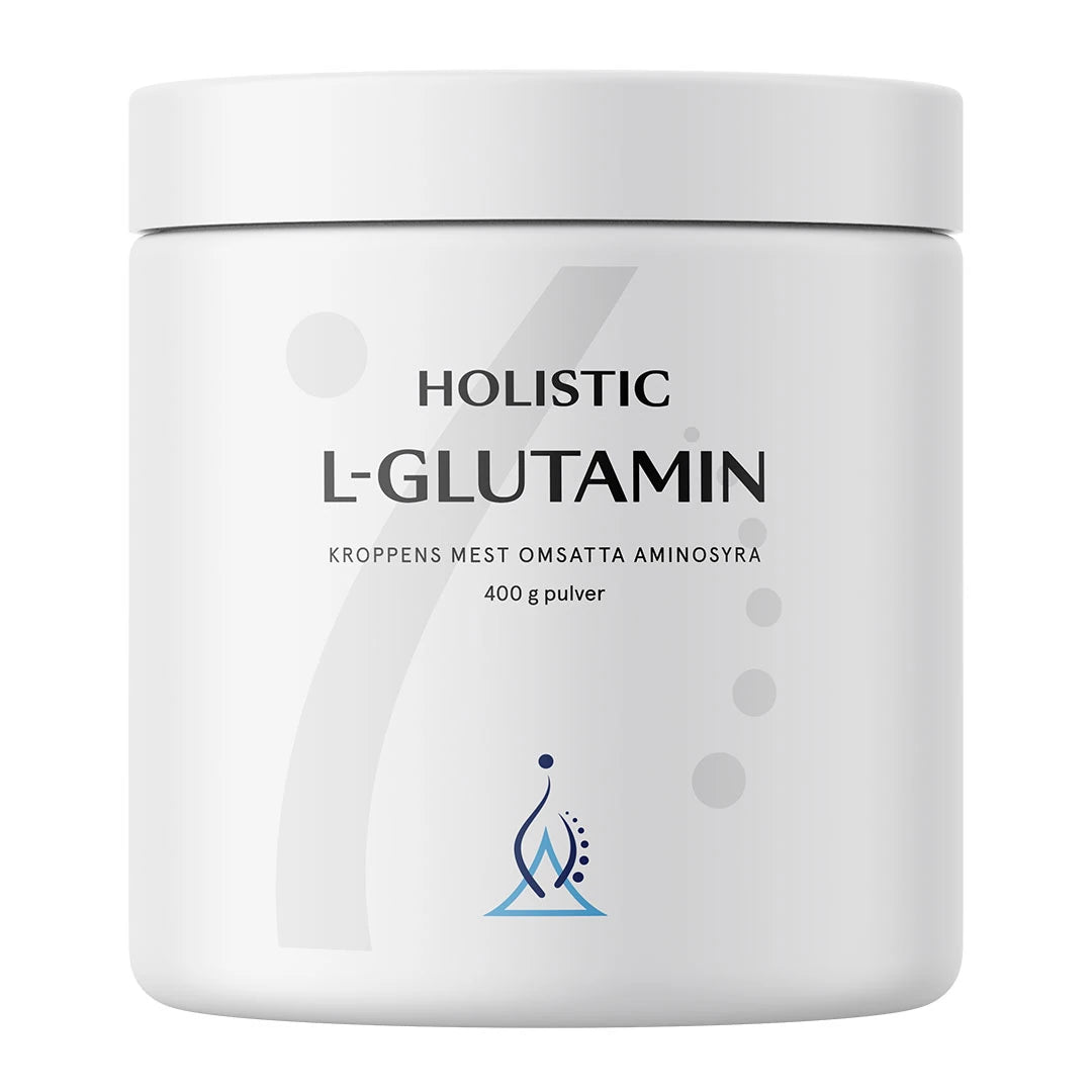 Holistic L-glutamin 400 g aminosyror i pulverform, förpackad i en vit burk med minimalistisk design och svarta detaljer., bild 1 av 1