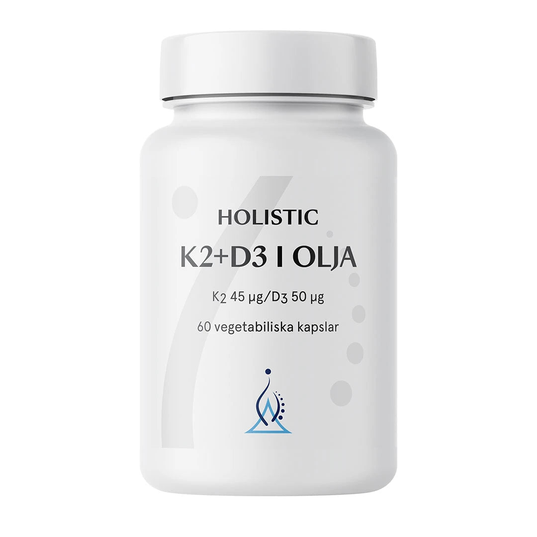 Holistic K2+D3 i olja 60 caps i en vit burk med svarta och gråa textdetaljer., bild 1 av 1