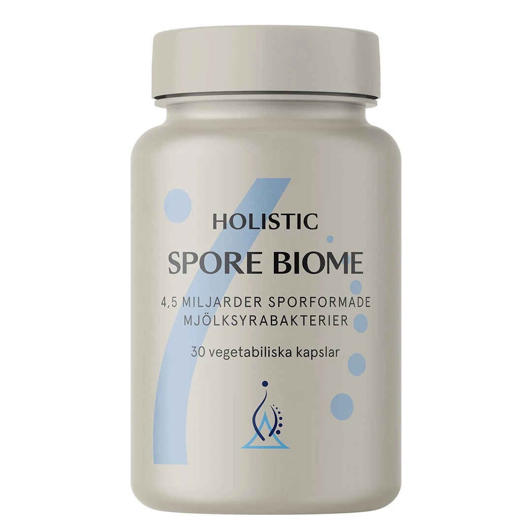 Holistic Spore Biome 30 caps mjölksyrabakterier förpackad i en ljusgrå burk med blå grafiska detaljer., bild 1 av 1