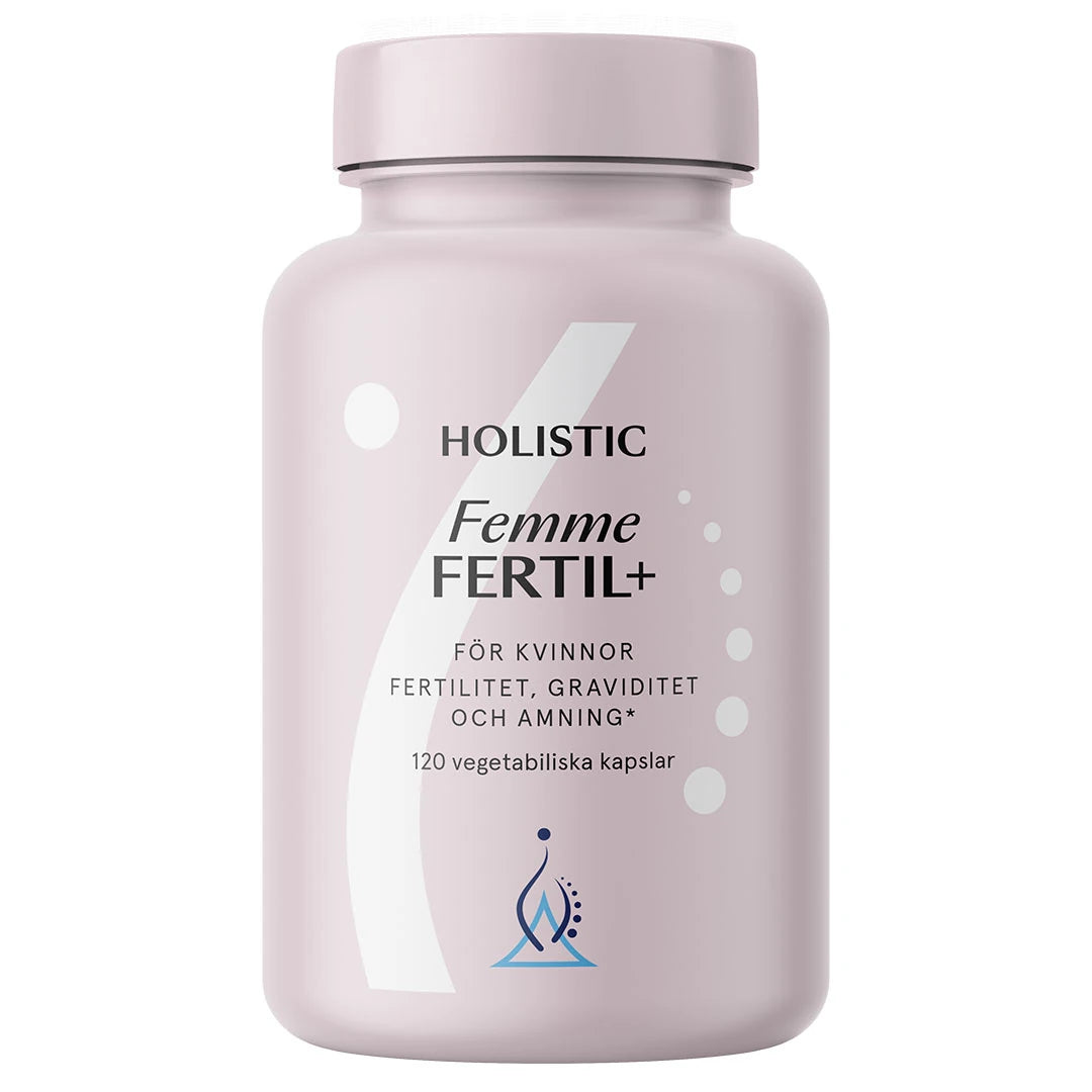 Holistic Femme Fertil+ 120 caps multivitamin i en ljuslila burk med vit text och grafiska detaljer., bild 1 av 1