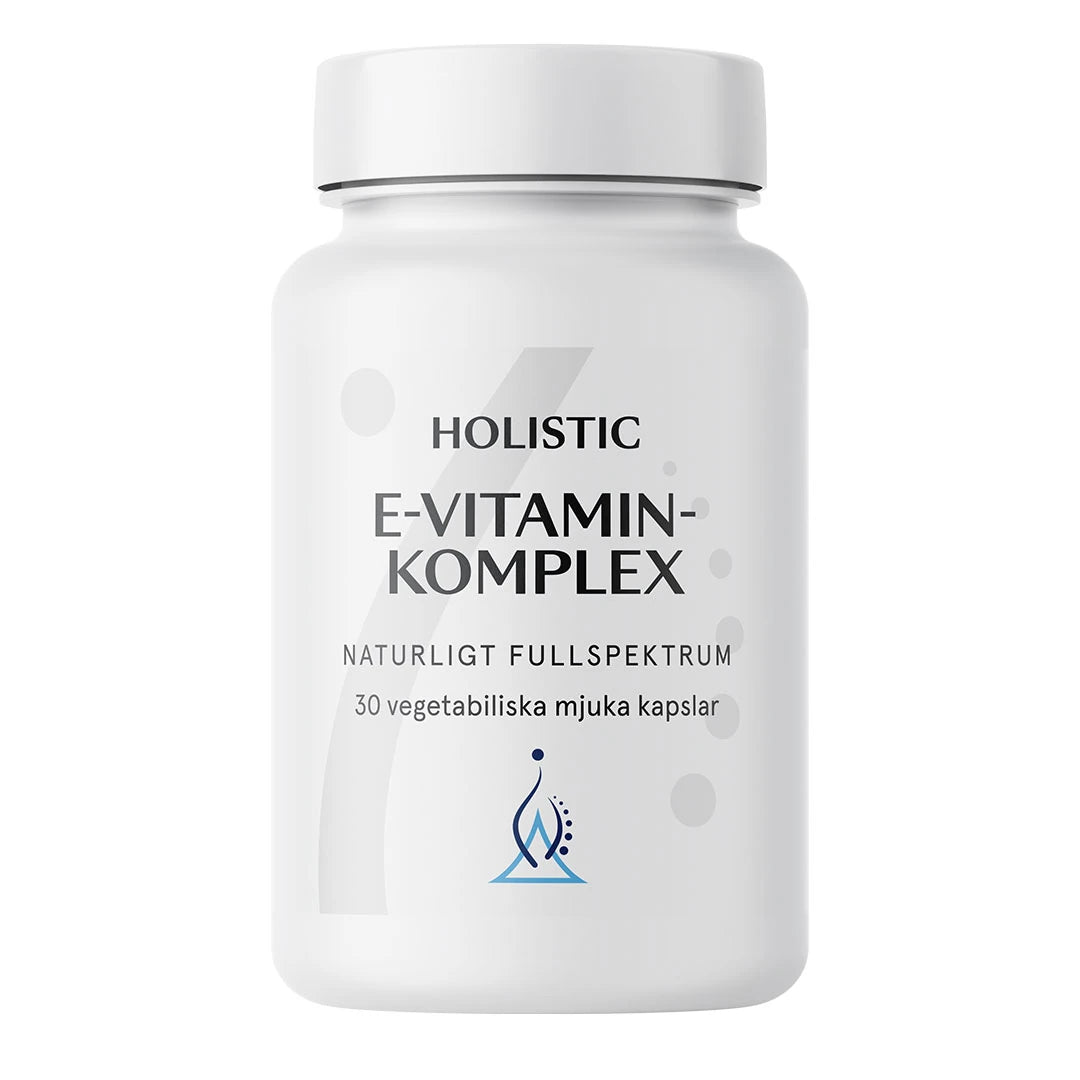 Holistic E-vitaminkomplex 30 caps veganskt E-vitamin, förpackat i en stilren vit burk., bild 1 av 1