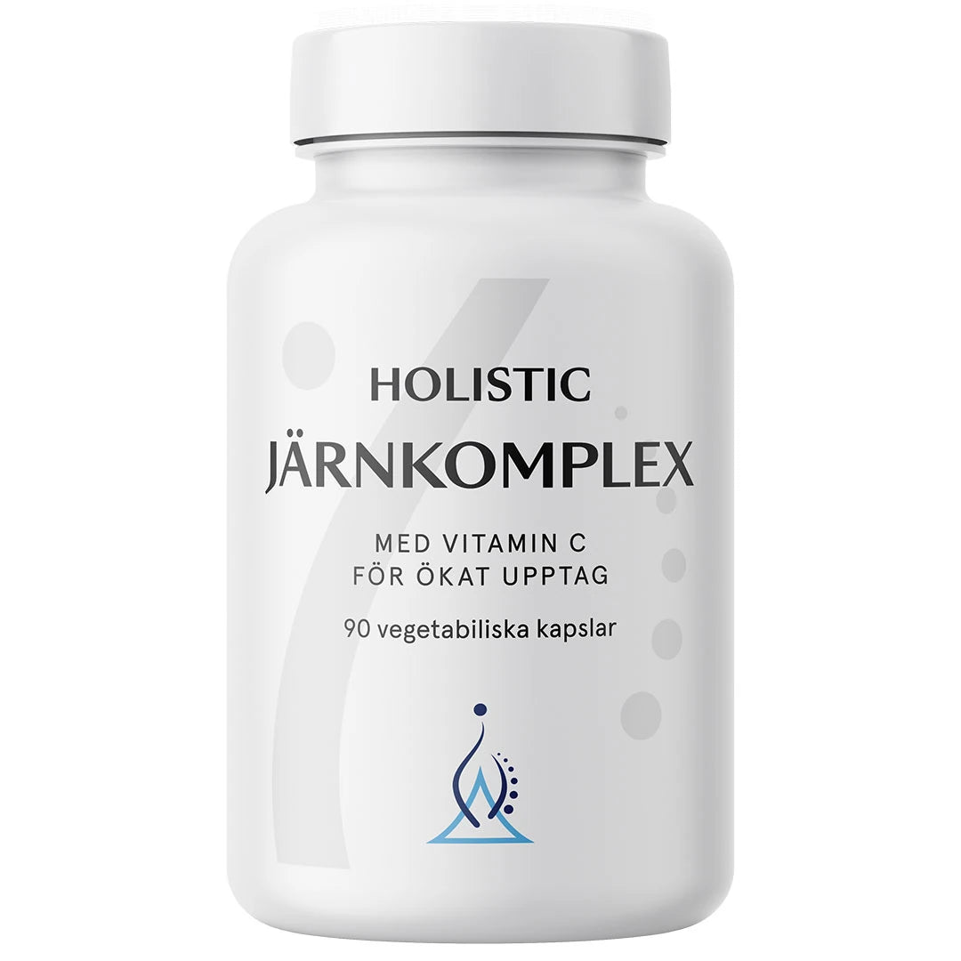 Holistic Järnkomplex 25 mg 90 caps järntillskott, förpackad i en stilren vit burk med svart text., bild 1 av 1