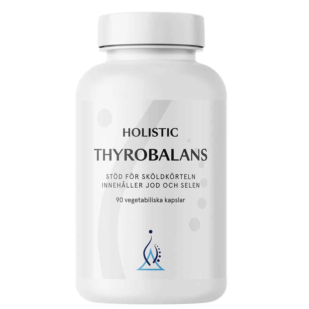 Holistic Thyrobalans 90 caps kosttillskott i en vit plastburk med grå och blå grafiska detaljer., bild 1 av 1