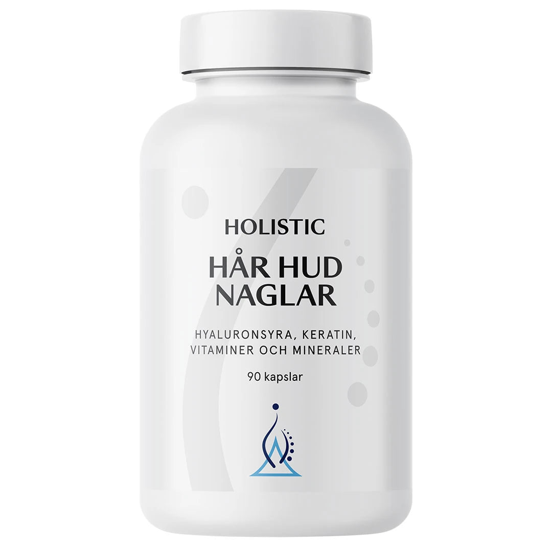 Holistic Hår Hud Naglar 90 caps kosttillskott i en stilren vit burk med minimalistisk design., bild 1 av 1