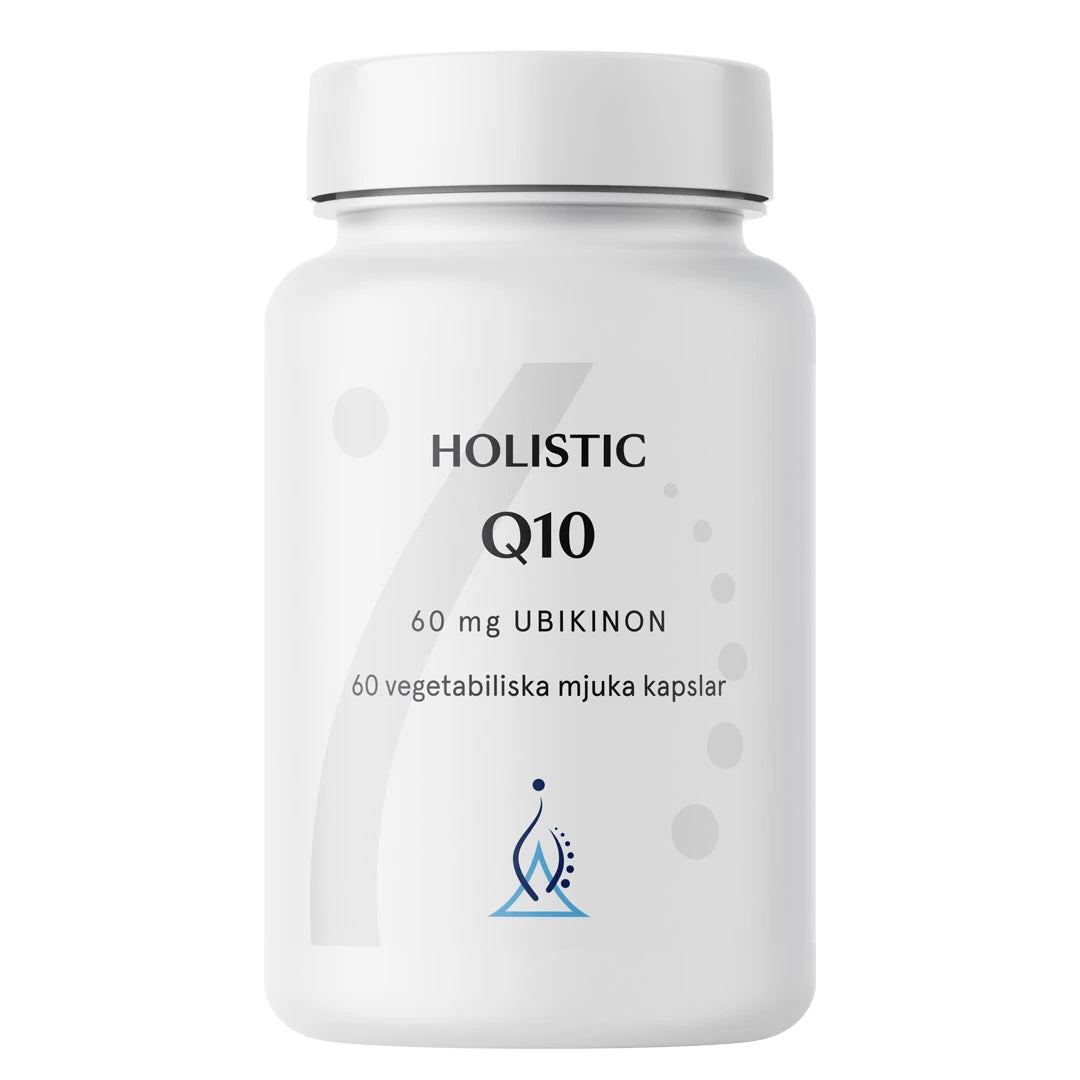 Holistic Q10 60 mg 60 caps förpackad i en vit plastburk med stilren design., bild 1 av 1