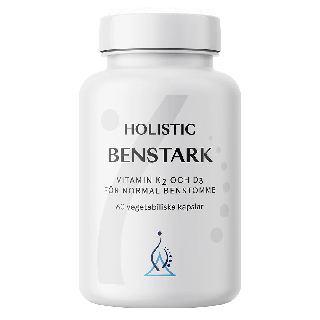 Holistic Benstark 60 caps i en stilren vit burk, med vitamin K2 och D3 för en normal benstomme., bild 1 av 1