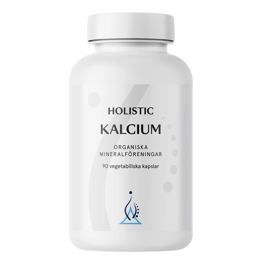 Holistic Kalcium 160 mg 90 caps i en stilren vit plastburk med grå och blå grafiska detaljer., bild 1 av 1