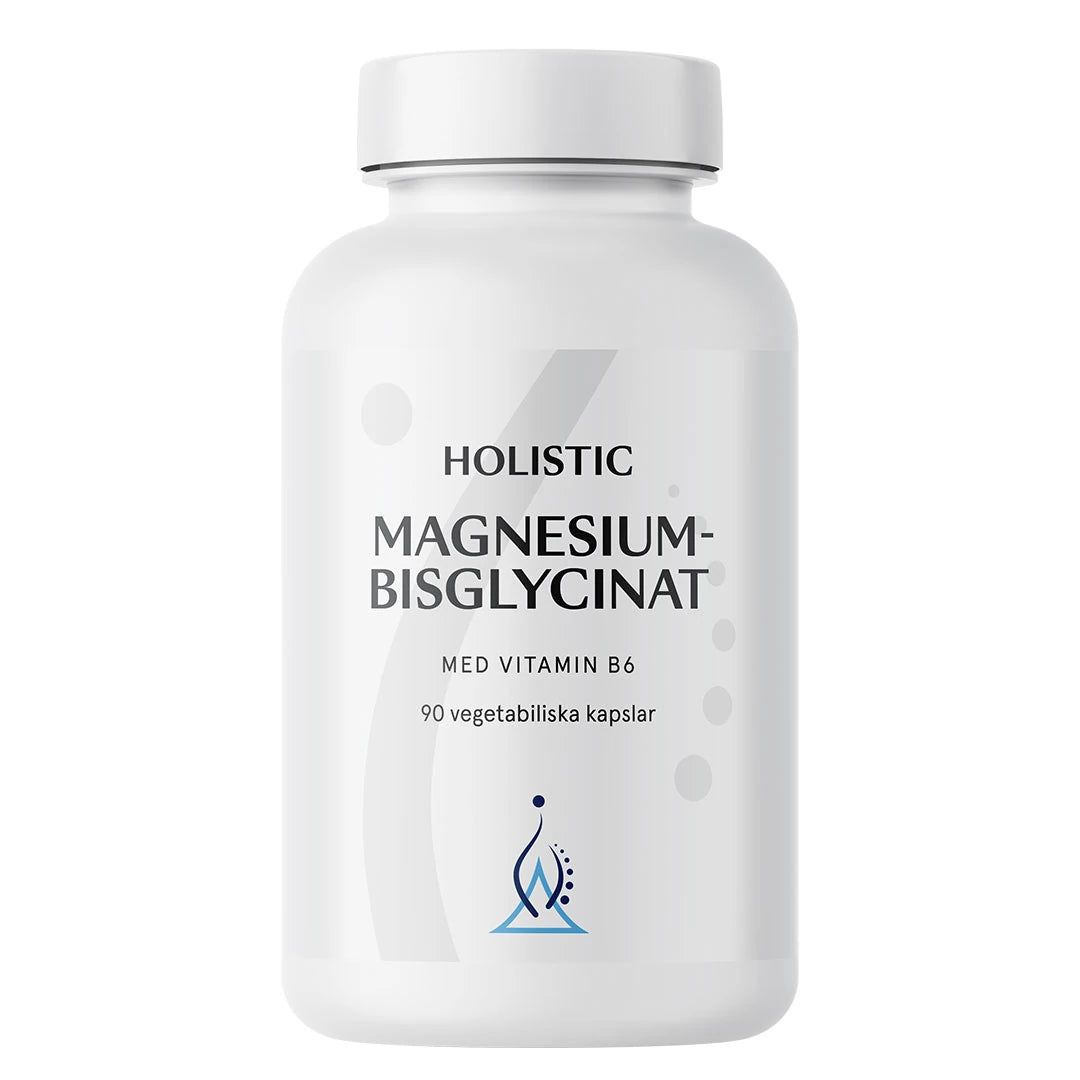 Holistic Magnesiumbisglycinat 100 mg 90 caps förpackad i en vit burk med ljusgrå detaljer., bild 1 av 1