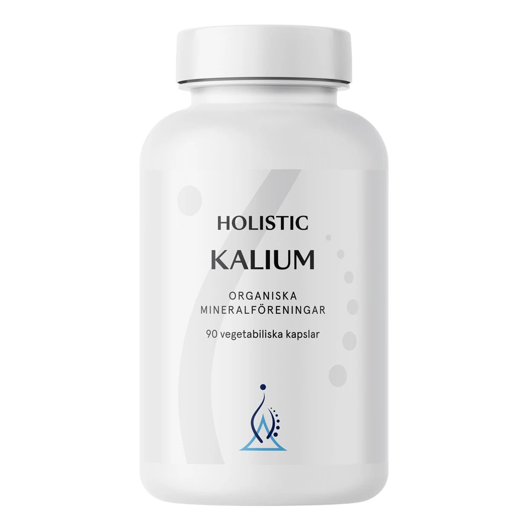 Holistic Kalium 250 mg 90 caps kosttillskott i en vit burk med grå detaljer., bild 1 av 1