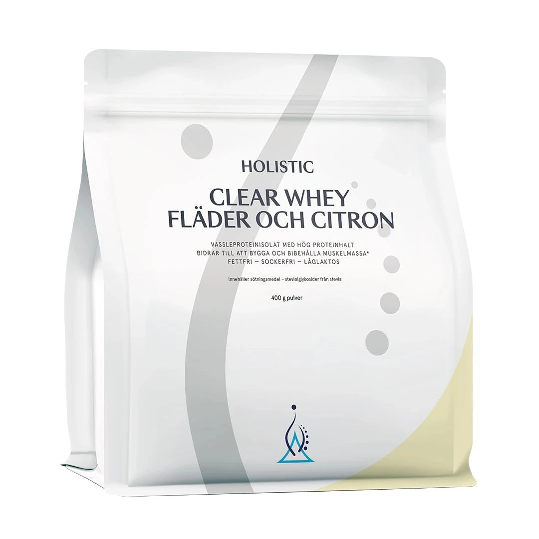 Holistic Clear Whey vassleproteinisolat 400 g i en vit påse med smaken fläder och citron., bild 1 av 2