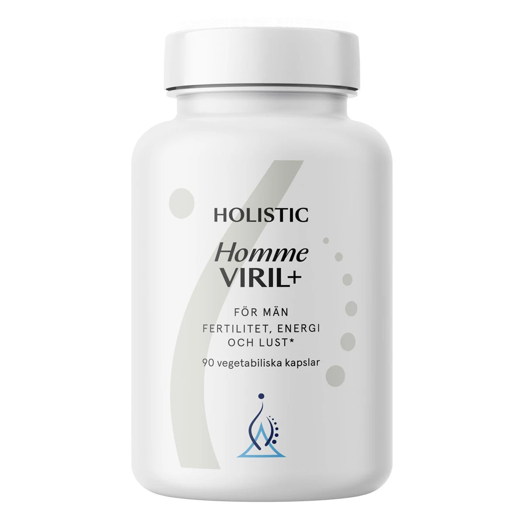 Holistic Homme Viril+ 90 caps multivitamin för män, förpackad i en vit burk med stilren design och svarta textdetaljer., bild 1 av 1