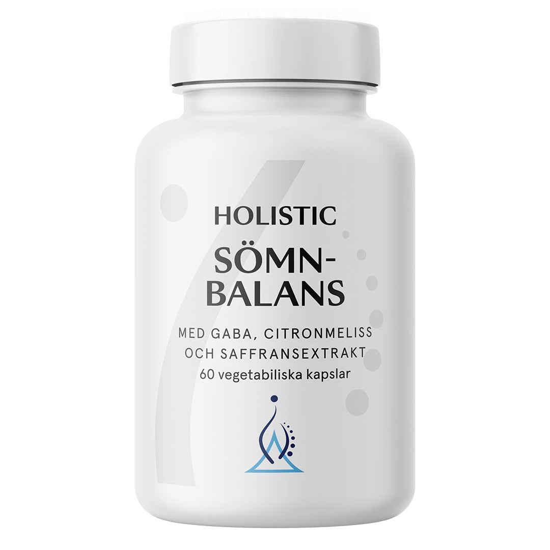 Holistic Sömnbalans 60 caps, en vit burk med sömntillskott innehållande örter, aminosyror och saffransextrakt., bild 1 av 1