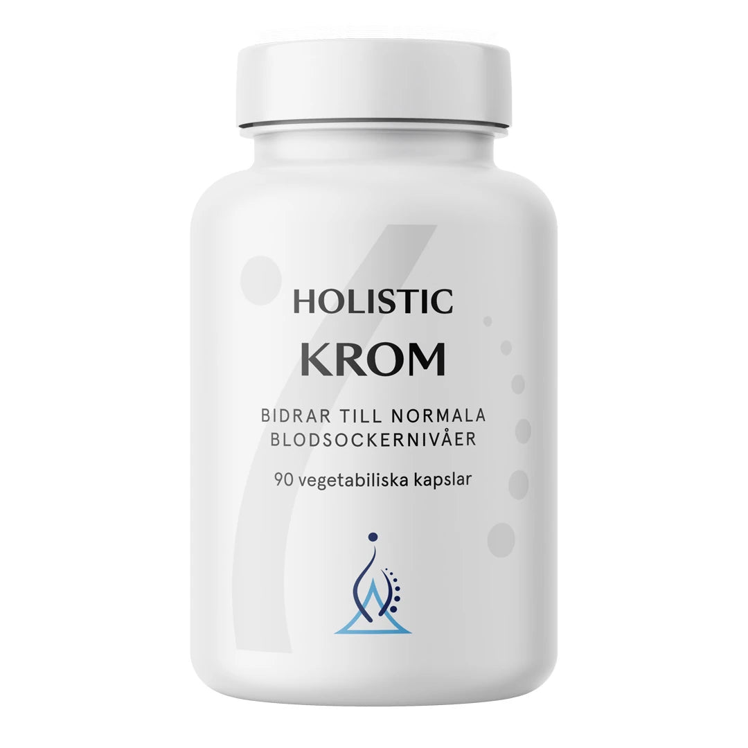 Holistic Krom 90 caps kosttillskott i en vit burk med svart text och en blå logga på framsidan., bild 1 av 1