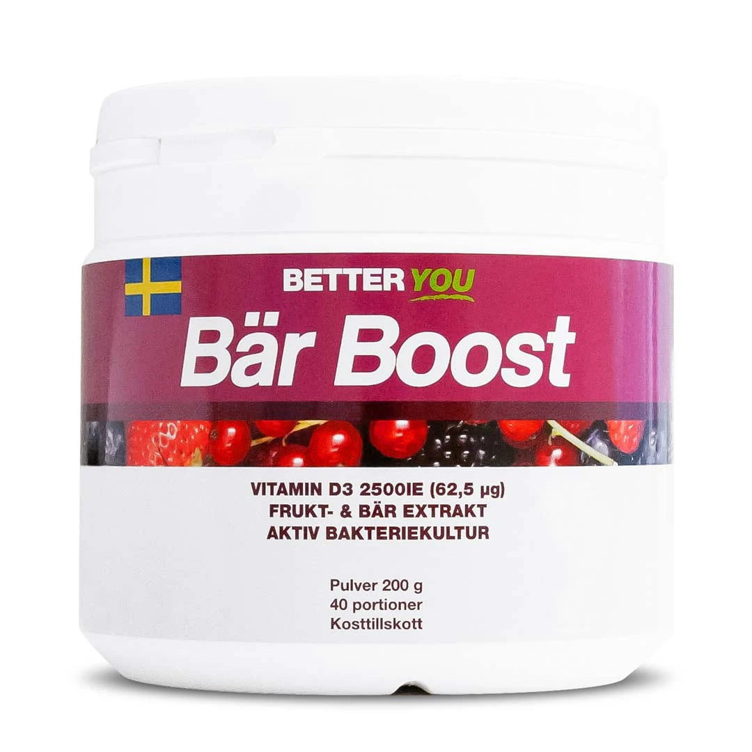 Better You Bär Boost Pulver 200 g förpackad i en vit burk med lila etikett och bärmotiv., bild 1 av 1