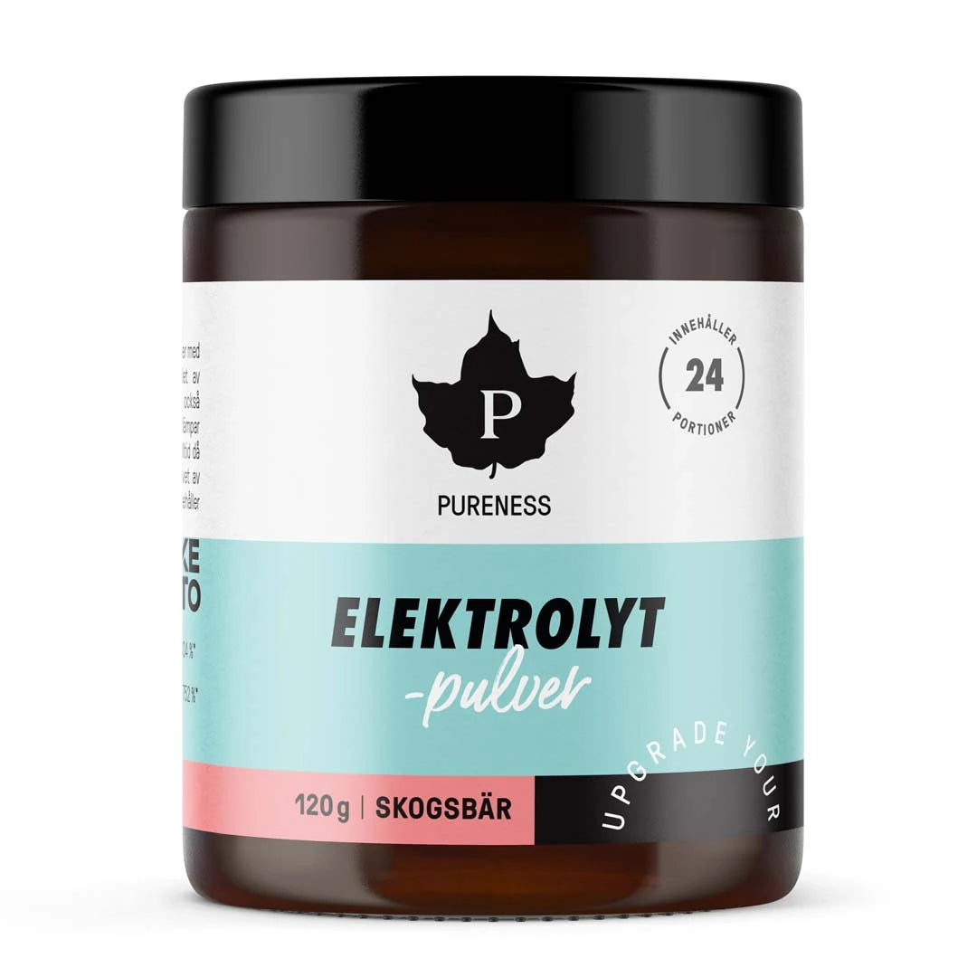 Pureness Elektrolytpulver 120 g i en mörk burk med vit, ljusblå och rosa etikett för smaken Skogsbär., bild 1 av 7