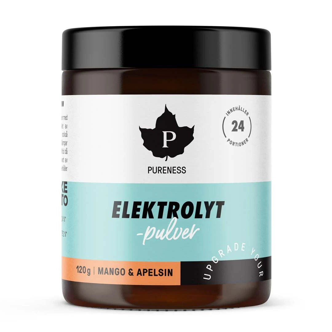 Pureness Elektrolytpulver 120 g i en mörk burk med vit, ljusblå och orange etikett för smaken Mango & Apelsin.