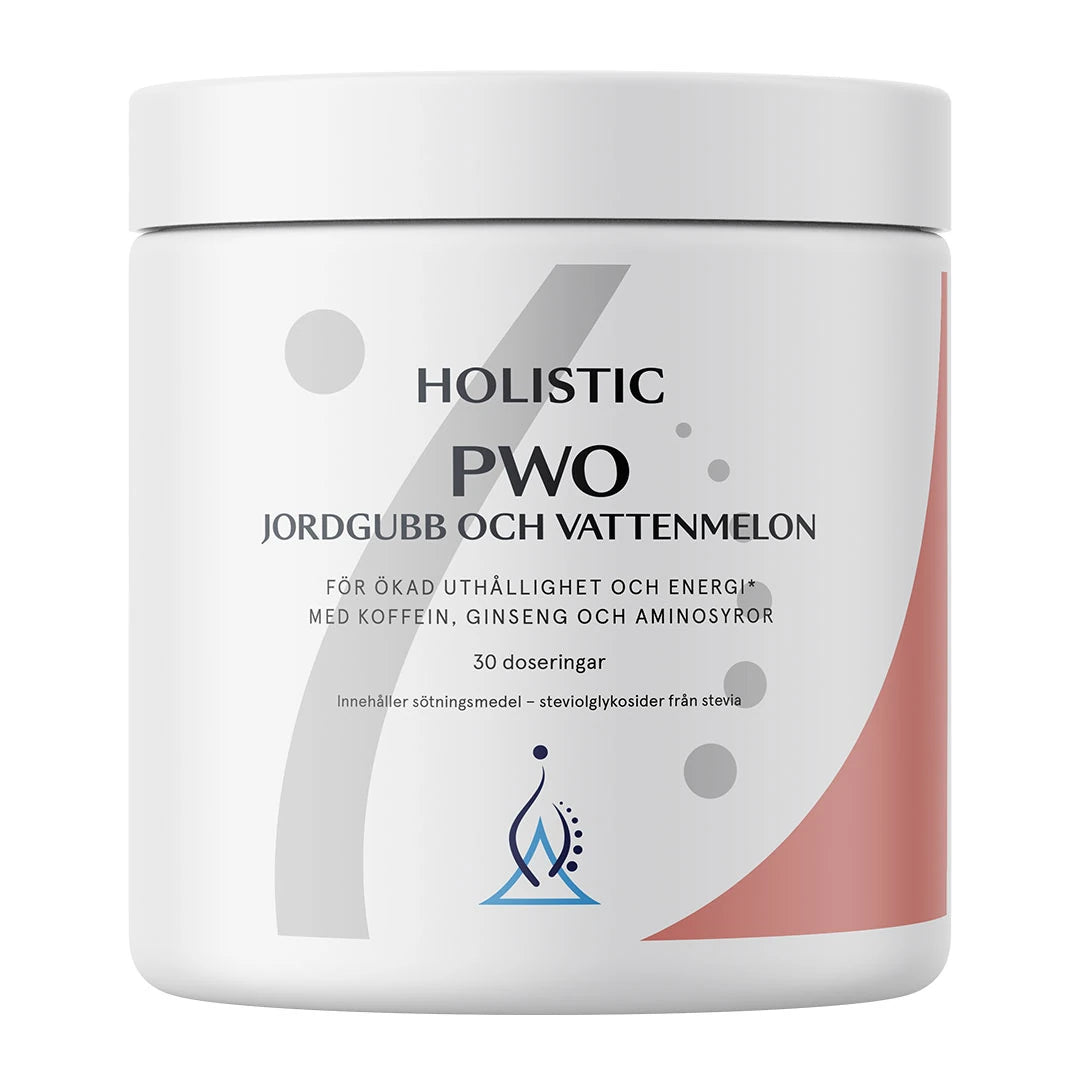 Holistic PWO 345 g i en vit burk med grå och röda detaljer för smaken Jordgubb &amp; Vattenmelon., bild 1 av 1
