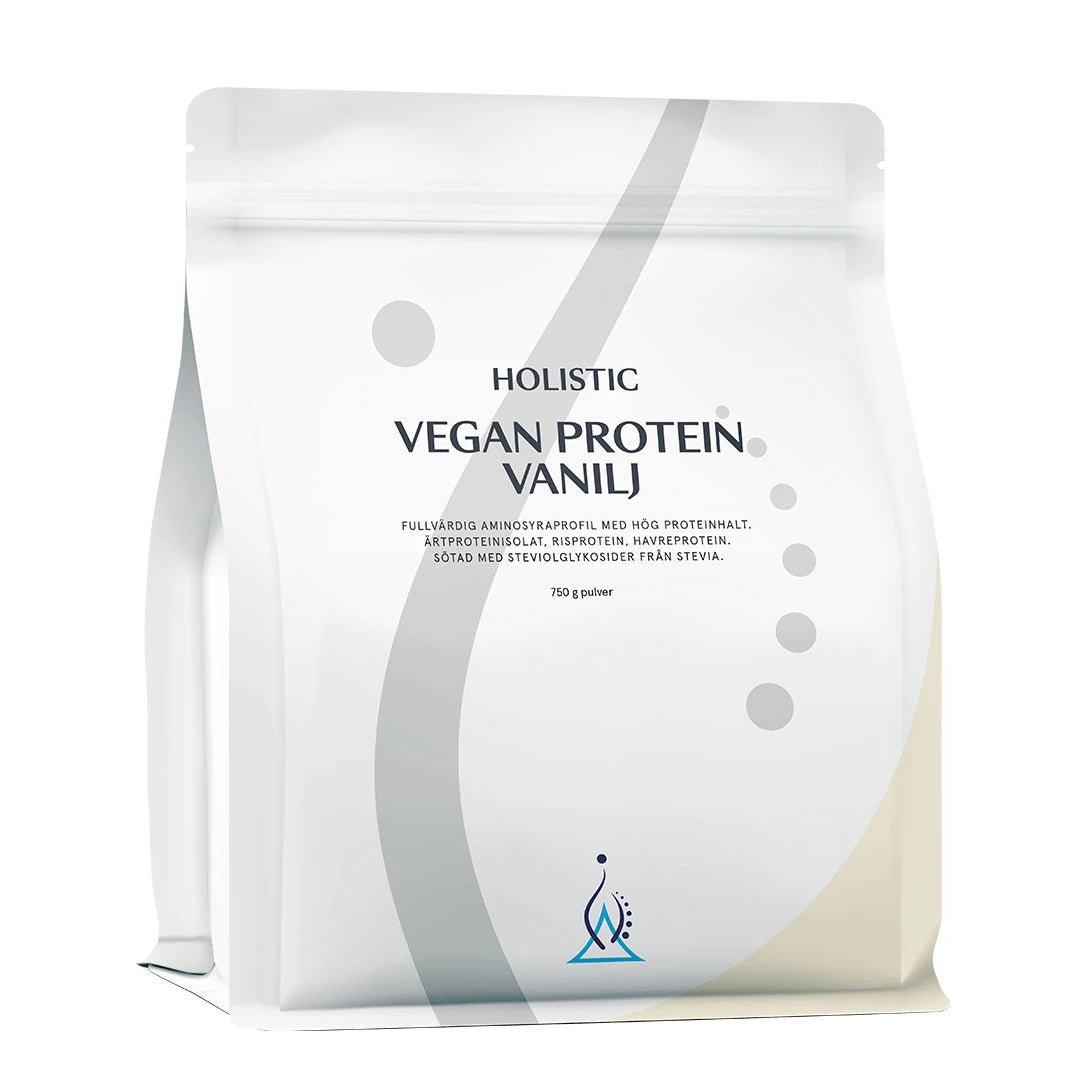 Holistic Vegan protein 750 g Vanilj är ett veganskt proteinpulver förpackat i en vit påse med stilrena detaljer., bild 1 av 1