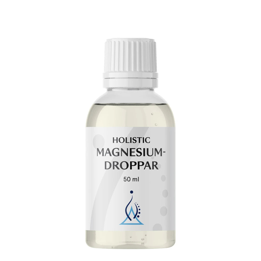 Holistic Magnesiumdroppar 50 ml, flytande magnesium i en genomskinlig flaska med vit etikett och vit skruvkork., bild 1 av 1