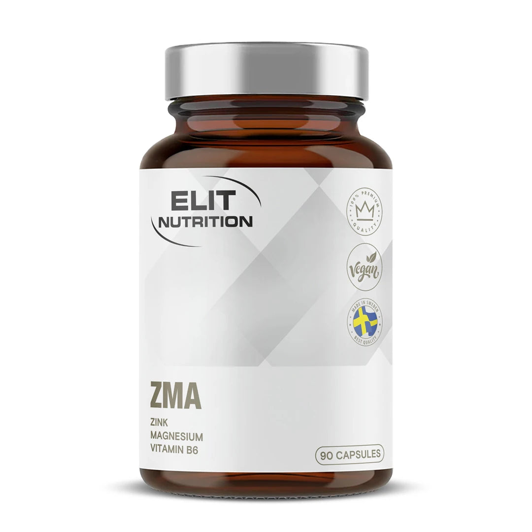 Elit Nutrition ZMA 90 caps i en brun burk med silverlock och vit etikett., bild 1 av 1