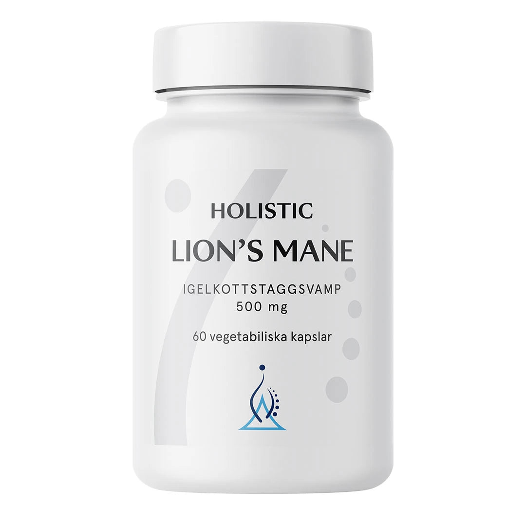Holistic Lion's mane 60 caps i en vit burk med stilren etikett, ett veganskt kosttillskott för mentalt fokus., bild 1 av 1