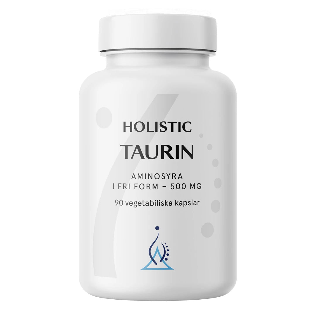 Holistic Taurin 500 mg 90 caps, ett veganskt kosttillskott förpackat i en vit burk med grå och blå detaljer., bild 1 av 1