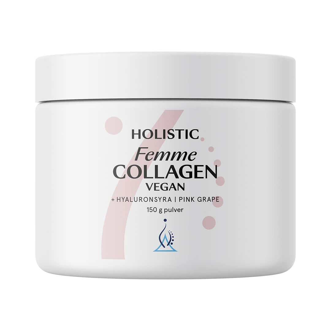 Holistic Femme Collagen vegan 150 g kollagenpulver i en vit burk med rosa detaljer och smak av Pink Grape., bild 1 av 1