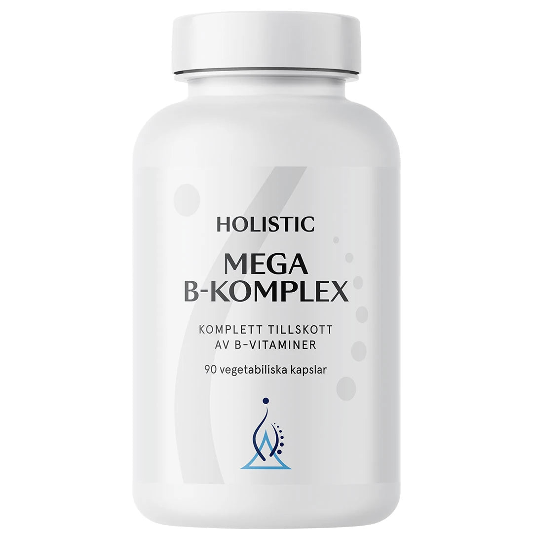 Holistic Mega B-komplex 90 caps B-vitamintillskott i en vit burk med ljusgrå detaljer., bild 1 av 1