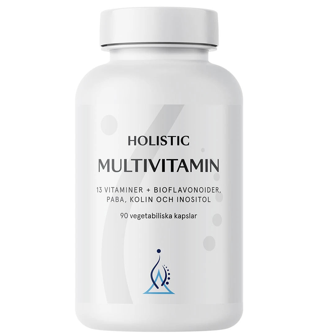 Holistic Multivitamin 90 caps i en vit burk med stilren etikett, innehållande 13 vitaminer och bioflavonoider., bild 1 av 1