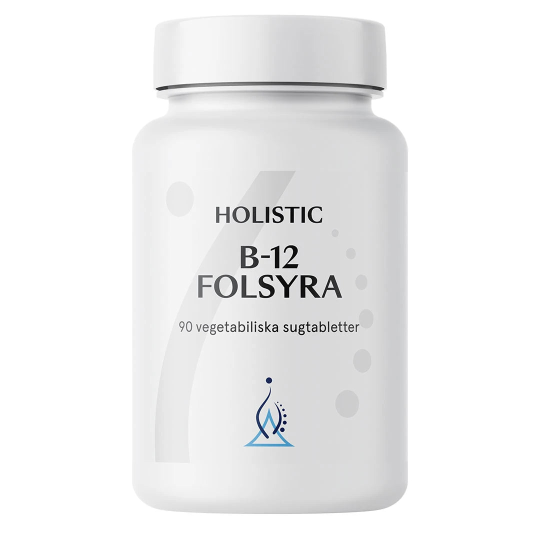 Holistic B-12 Folsyra 90 tabs i en vit plastburk med stilren etikett, ett kosttillskott för energi och nervsystem., bild 1 av 1