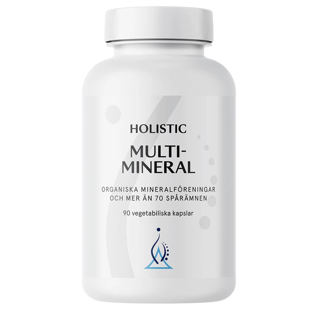 Holistic Multimineral 90 caps mineraltillskott i en stilren vit burk med vitt lock., bild 1 av 1