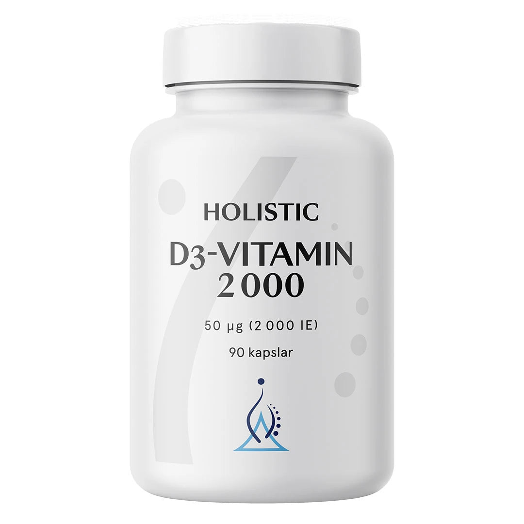 Holistic D3-vitamin 2000 90 caps kosttillskott förpackad i en vit plastburk med stilren svart text., bild 1 av 1