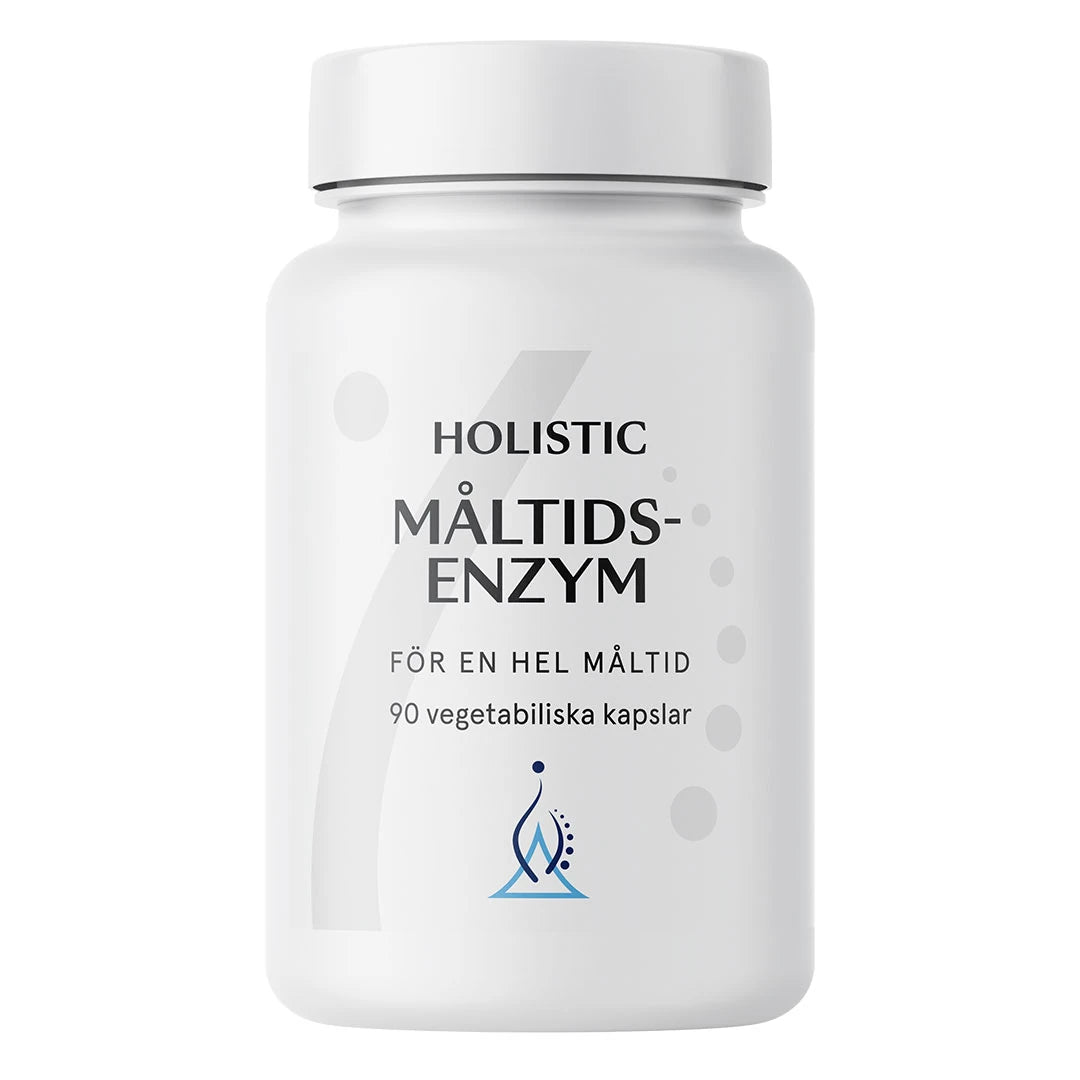 Holistic Måltidsenzym 90 caps matsmältningsenzymer i en vit burk med blå logotyp., bild 1 av 1
