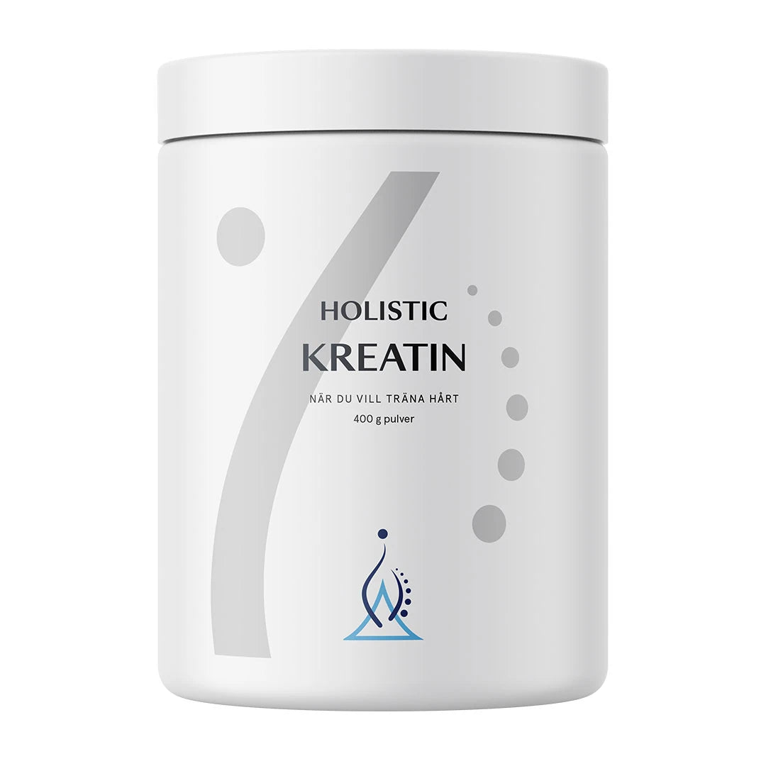 Holistic Kreatin 400 g kreatinpulver, förpackad i en stilren vit burk med grå grafiska detaljer., bild 1 av 1