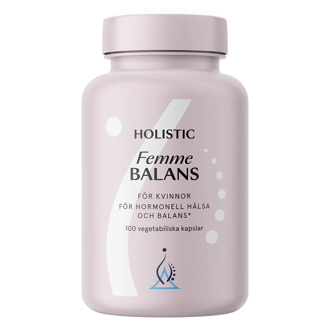 Holistic Femme Balans 100 caps, ett kosttillskott förpackat i en ljusrosa plastburk., bild 1 av 1