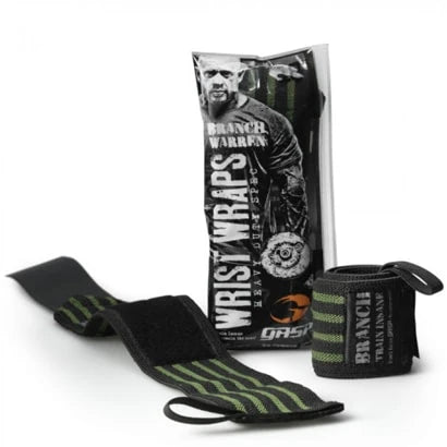 GASP Branch Warren Heavy Duty Wrist Wraps, svarta handledslindor med gröna ränder visade bredvid sin förpackning.
