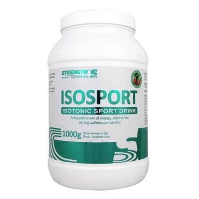 Strength Isosport 1 kg sportdryck i en vit burk med gröna detaljer och smak av jordgubb-lime.