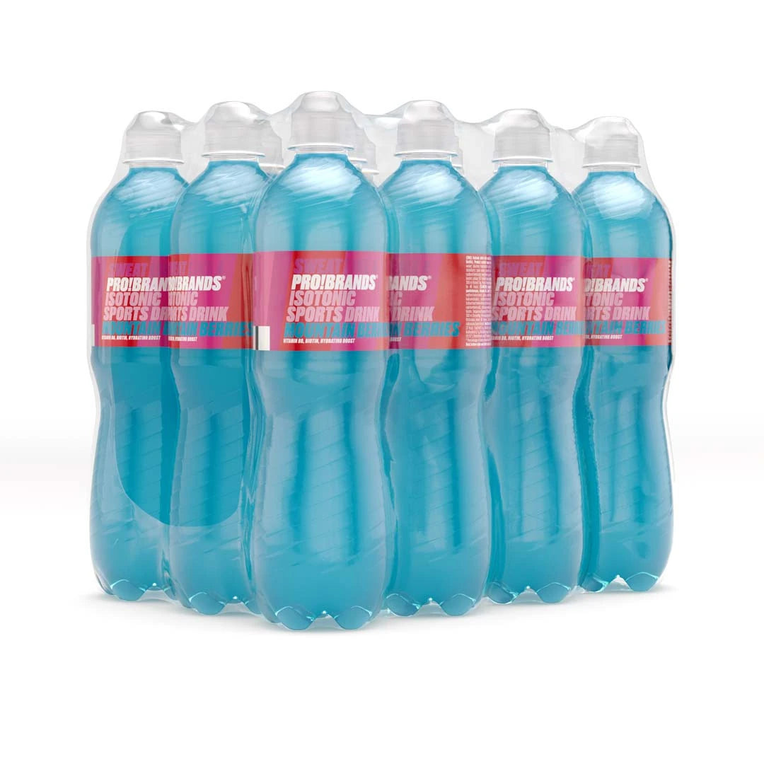 12 x Pro Brands ISOtonic Sports Drink 500 ml i ett flerpack med plastflaskor fyllda med blå dryck och rosa etiketter.