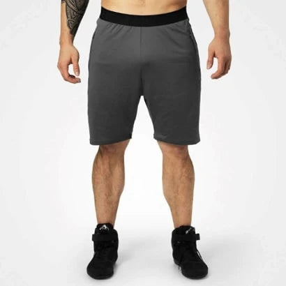 Better Bodies Brooklyn Gym Shorts Iron, grå träningsshorts i polyester med svart midjeband och droppad gren., bild 1 av 2