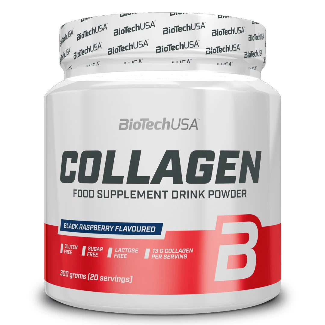 BioTechUSA Collagen 300 g kollagenpulver i en vit burk med röda detaljer och smaken Black Raspberry., bild 1 av 1