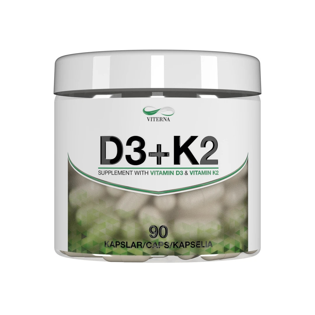 Viterna Vitamin D3 + K2 90 caps i en vit burk med gröna detaljer och synliga kapslar på etiketten., bild 1 av 1