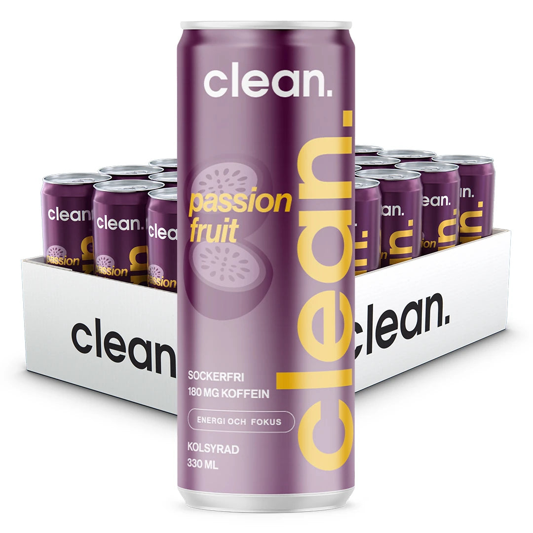 24 x Clean Drink 330 ml Passion i ett vitt flak med lila burkar och gul text för smaken passion fruit., bild 1 av 1