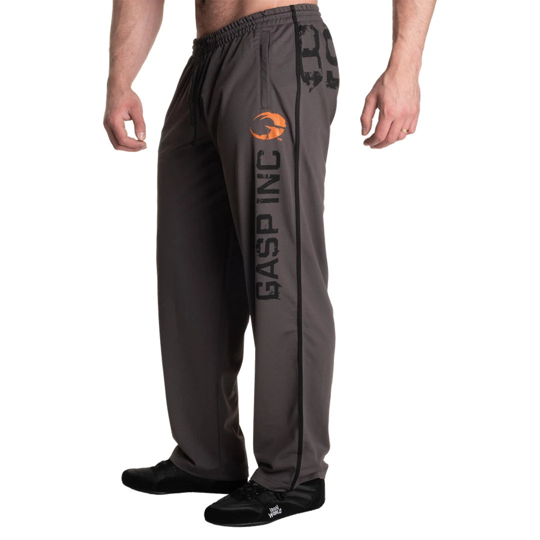 Gasp No 89 Mesh Pants Grey träningsbyxor i grå polyester med elastisk midja och stor GASP-logga längs benet., bild 4 av 5